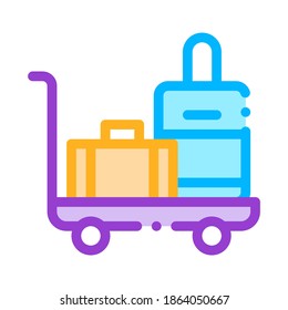 Baggage Cart With Valise Vector Thin Line Icon. Luggage On Transportation Cart Hotel Performance Of Service Equipment Linear Pictogram. Business Hostel Items Contour Illustration