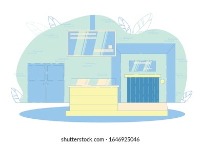 Baggage Check and Acceptance before Flight Area at Airport. Security Zone Equipment, Flight Schedule Monitor and Interior Furnishings. Airline Tickets Checking Desk. Flat Cartoon Vector Illustration.