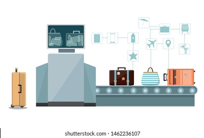 Baggage check, custom scanner at the airport. Vector Infographic