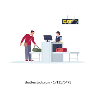 Comprobación de equipaje ilustración de vector de color RGB semiplana. Recepción de la línea aérea. Embarque en avión. Control de equipaje. Personajes de caricatura aislados de los viajeros y trabajadores del aeropuerto sobre fondo blanco