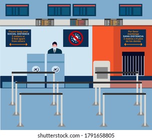 Baggage check-in area at the airport with signs indicating social distancing in english and spanish 
