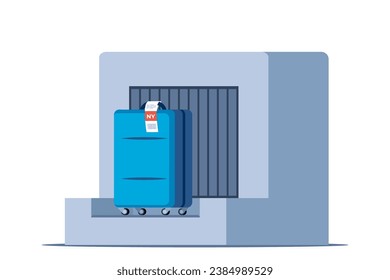 Baggage check-in. Suitcase with label on weighting luggage belt. Security check point, metal detector, x-ray scanner. Vector illustration