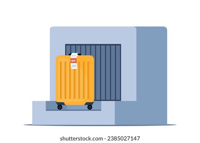 Baggage check-in. Suitcase with label on weighting luggage belt. Security check point, metal detector, x-ray scanner. Vector illustration