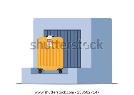 Baggage check-in. Suitcase with label on weighting luggage belt. Security check point, metal detector, x-ray scanner. Vector illustration