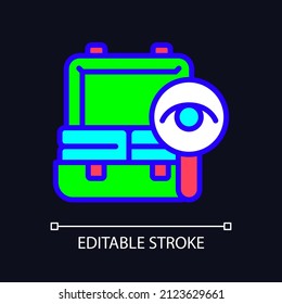 Baggage checks RGB color icon for dark theme. Customs restrictions. Smuggling prevention. Simple filled line drawing on night mode background. Editable stroke. Pixel perfect. Arial font used