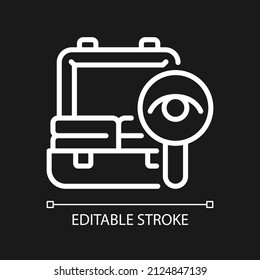 El equipaje comprueba el icono lineal blanco para el tema oscuro. Seguridad fronteriza. Ilustración personalizable de línea delgada. Símbolo de contorno vectorial aislado para el modo nocturno. Trazo editable. Pixel perfecto. Tipo de letra arial utilizado