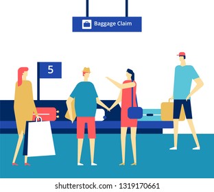 Baggage claim at the airport - flat design style colorful illustration. High quality composition with characters, man, woman, passengers taking their bags, suitcases after the arrival. Travel concept