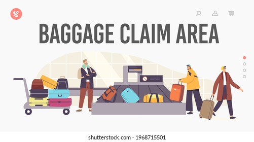 Baggage Claim Area in Airport Landing Page Template. Tourists Characters Taking Luggage in Carousel after Airplane Flight. Plane Arrival, Departure, Tourism Concept. Cartoon People Vector Illustration