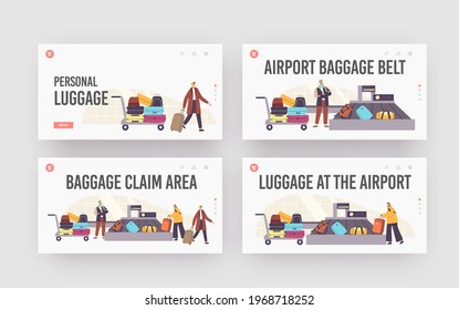 Baggage Claim Area in Airport Landing Page Template Set. Tourists Characters Taking Luggage in Carousel after Airplane Flight. Plane Arrival, Departure, Tourism. Cartoon People Vector Illustration