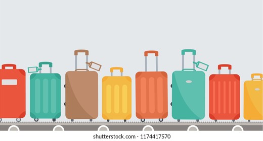 Baggage claim at terminal airport travel bags vector background flat design. luggage, suitcase set on conveyor belt arrival illustration. cover page cartoon. time to travel. journey vacation & holiday