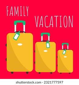 baggage collection ready to go. travel together. packed checked yellow three sizes suitcases. concept family vacation store vector. sweet luggage set for holiday shop. enjoy time to fly flat design