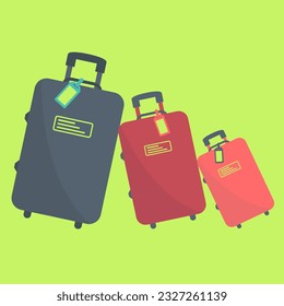 baggage collection ready to go. travel together. packed checked three sizes suitcases. concept vacation store vector. sweet luggage set for holiday shop. enjoy time to fly flat design illustration art