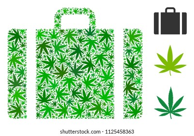 Baggage composition of marijuana leaves in variable sizes and green tinges. Vector flat grass objects are combined into baggage composition. Addiction vector design concept.