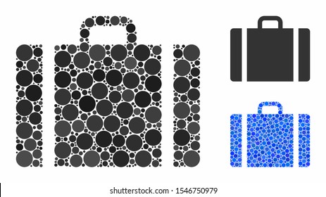 Baggage composition of spheric dots in various sizes and color tints, based on baggage icon. Vector round dots are composed into blue composition. Dotted baggage icon in usual and blue versions.