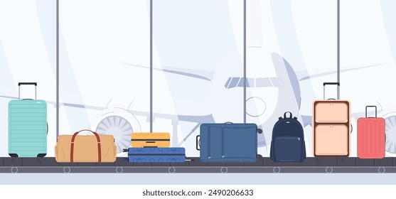 Baggage conveyor at the airport. A set of travel bags. Suitcases on wheels, hand bags. Vector illustration