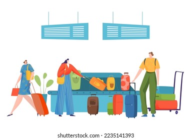 Baggage conveyor in airport, vector illustration. Flat man woman character take luggage after travel, suitcase at terminal check belt.