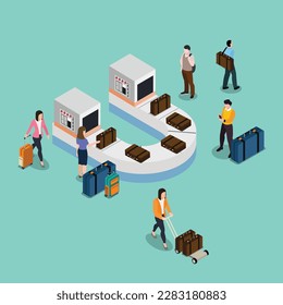 Baggage conveyor belt area at airport isometric 3d vector illustration concept banner, website, landing page, ads, flyer template