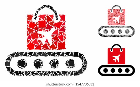 Baggage conveyor mosaic of rough items in various sizes and color tints, based on baggage conveyor icon. Vector rough dots are organized into mosaic.