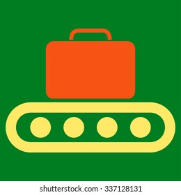 Baggage Conveyor vector icon. Style is flat bicolor orange and yellow symbol, rounded angles, green background.