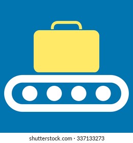 Baggage Conveyor vector icon. Style is flat bicolor yellow and white symbol, rounded angles, blue background.
