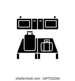 Baggage custom check flat design long shadow glyph icon. Luggage on desk in airport terminal. Border check of passenger bags. Silhouette symbol on white space. Vector isolated illustration