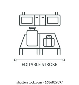 Baggage custom check pixel perfect linear icon. Luggage on desk in airport terminal. Thin line customizable illustration. Contour symbol. Vector isolated outline drawing. Editable stroke