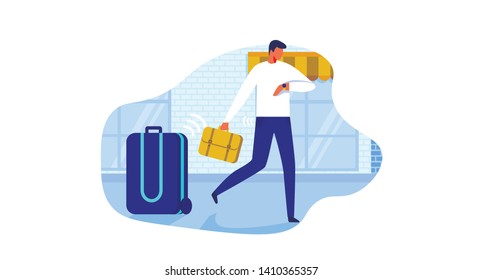 Baggage Delivery Flat Cartoon Vector Illustration. Man Hurrying Along Street, Suitcase Moving without Help Controlled via Internet. Man Looking his Wrist Watch and Holding Small Bag.