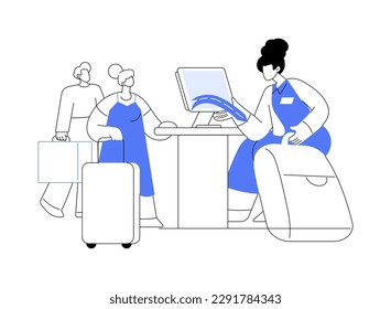 Baggage drop abstract concept vector illustration. Couple checks-in on the plane, airway transportation, commercial air transport, bag drop process, before departure abstract metaphor.