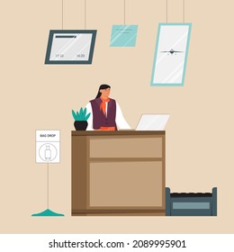 Baggage drop off counter at the airport terminal with aircraft worker, check in desk and flight registration. Flat vector illustration.