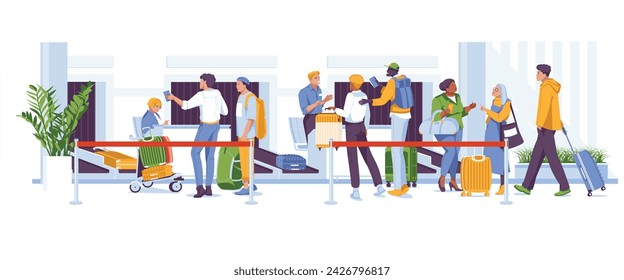 Baggage drop-off at the airport. Service scene with various characters. Vector flat illustration. Travel by plane.