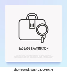 Baggage examination thin line icon. Modern vector illustration of suitcase with magnifier.