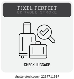 Baggage examination thin line icon. Customs inspection of baggage. Pixel perfect, editable stroke. Modern vector illustration of suitcase with magnifying glass.