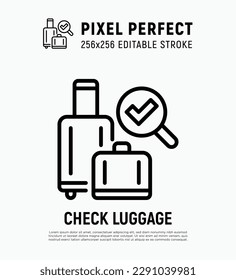 Baggage examination thin line icon. Customs inspection of baggage. Pixel perfect, editable stroke. Modern vector illustration of suitcase with magnifying glass.