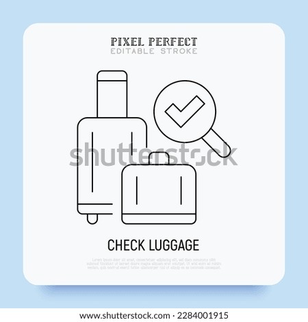 Baggage examination thin line icon. Customs inspection of baggage. Pixel perfect, editable stroke. Modern vector illustration of suitcase with magnifying glass.