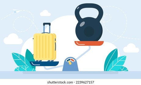 Baggage excess. Luggage and kettlebell are weighed on scales. A device for measuring weight. Control of weight restrictions. Baggage scales on the white background. Flat design. Vector illustration