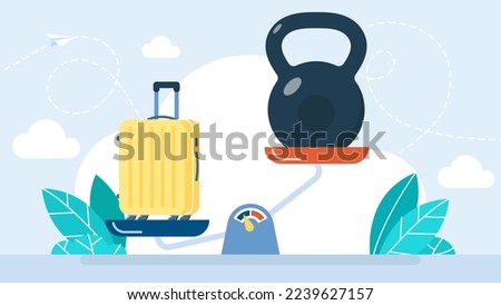 Baggage excess. Luggage and kettlebell are weighed on scales. A device for measuring weight. Control of weight restrictions. Baggage scales on the white background. Flat design. Vector illustration