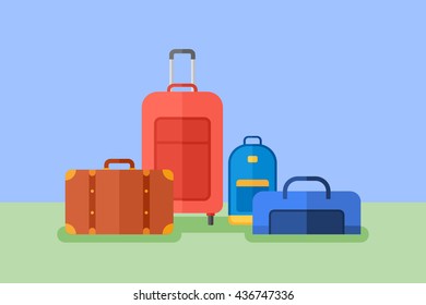 Baggage flat style horizontal banner. Travel bag, suitcase, luggage case, backpack. Vector illustration.