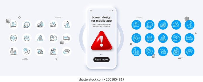 Baggage, Free delivery and Car charging line icons. Phone mockup with 3d danger icon. Pack of Diesel station, Warning, Roller coaster icon. Transport insurance, Flight mode, Book car pictogram. Vector