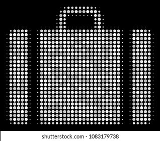 Baggage halftone vector icon. Illustration style is dot iconic baggage symbol on a black background. Halftone matrix is build of round dots.