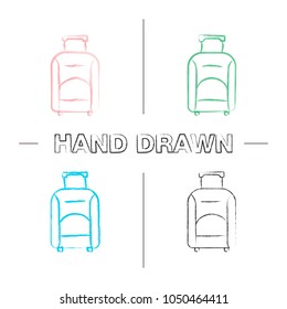Baggage hand drawn icons set. Luggage. Wheeled travel bag with handle. Color brush stroke. Isolated vector sketchy illustrations