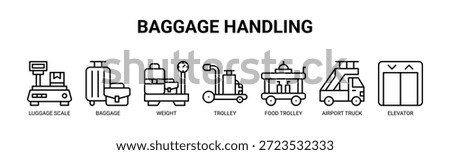 Baggage Handling web banner icon vector illustration concept for airport ground handling and baggage logistics service with icon of luggage scale, baggage, weight, trolley, food trolley, airport truck, elevator.