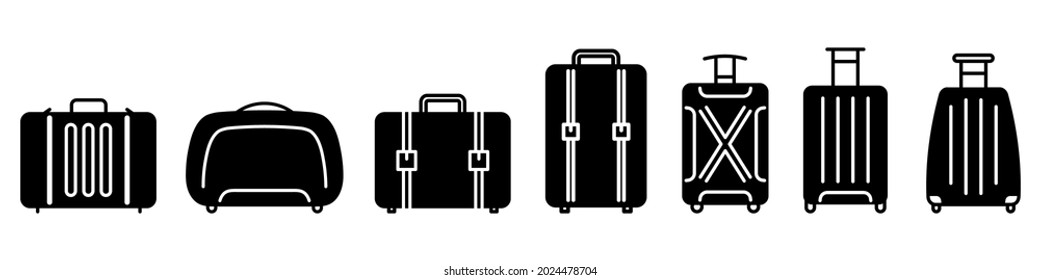 Baggage icon. Black icons of baggage. Vector illustration. Travel concept. Set of baggage icons