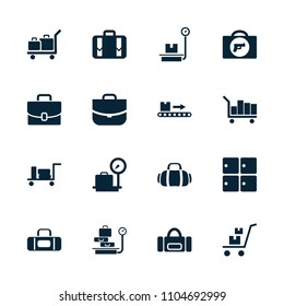 Baggage icon. collection of 16 baggage filled icons such as luggage, briefcase with weapon, lugagge weight, luggage storage, case. editable baggage icons for web and mobile.