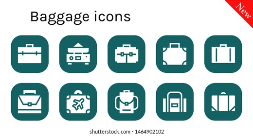 baggage icon set. 10 filled baggage icons.  Collection Of - Briefcase, Balance, Suitcase, Luggage, Backpack, Sport bag, Baggage
