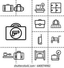Baggage icon. set of 13 outline baggageicons such as luggage belt, luggage, briefcase with weapon, lugagge weight, suitcase, case