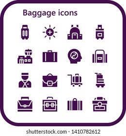 baggage icon set. 16 filled baggage icons.  Simple modern icons about  - Suitcase, Balance, Backpack, Airport, Sport bag, Bellboy, Case, Luggage, Baggage, Briefcase