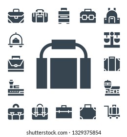 baggage icon set. 17 filled baggage icons.  Collection Of - Briefcase, Luggage, Gym bag, Control tower, Balance, Airport, Sport bag, Baggage, Case, Suitcase, Backpack