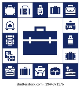 baggage icon set. 17 filled baggage icons.  Simple modern icons about  - Suitcase, Luggage, Backpack, Briefcase, Balance, Travel bag, Sport bag, Control tower