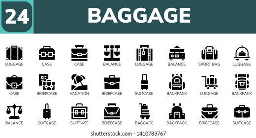 baggage icon set. 24 filled baggage icons.  Collection Of - Luggage, Case, Balance, Sport bag, Briefcase, Vacation, Suitcase, Backpack, Baggage