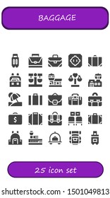 baggage icon set. 25 filled baggage icons.  Collection Of - Suitcase, Briefcase, Dohyo, Baggage, Case, Balance, Airport, Vacation, Sport bag, Luggage, Waiting room, Travel bag